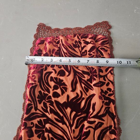 Burnout Velvet Silk Orange Floral Boho Gypsy Indie Y2K Romantic Lace Trim Scarf - Picture 4 of 6